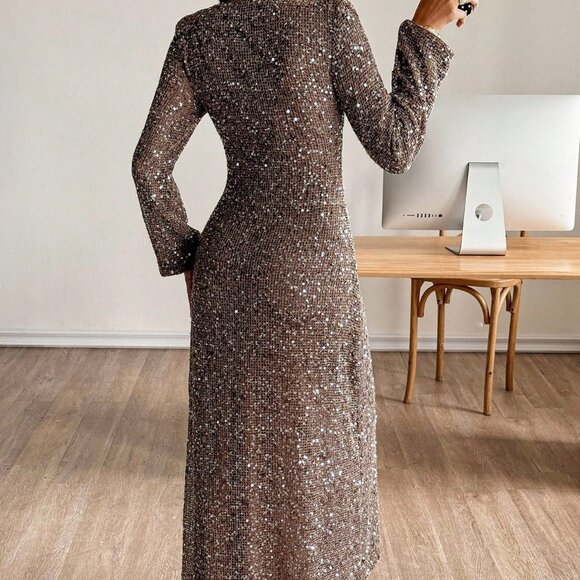 Brown Sequin Mesh V-Neck Women's Party Dress - Picture 3 of 9